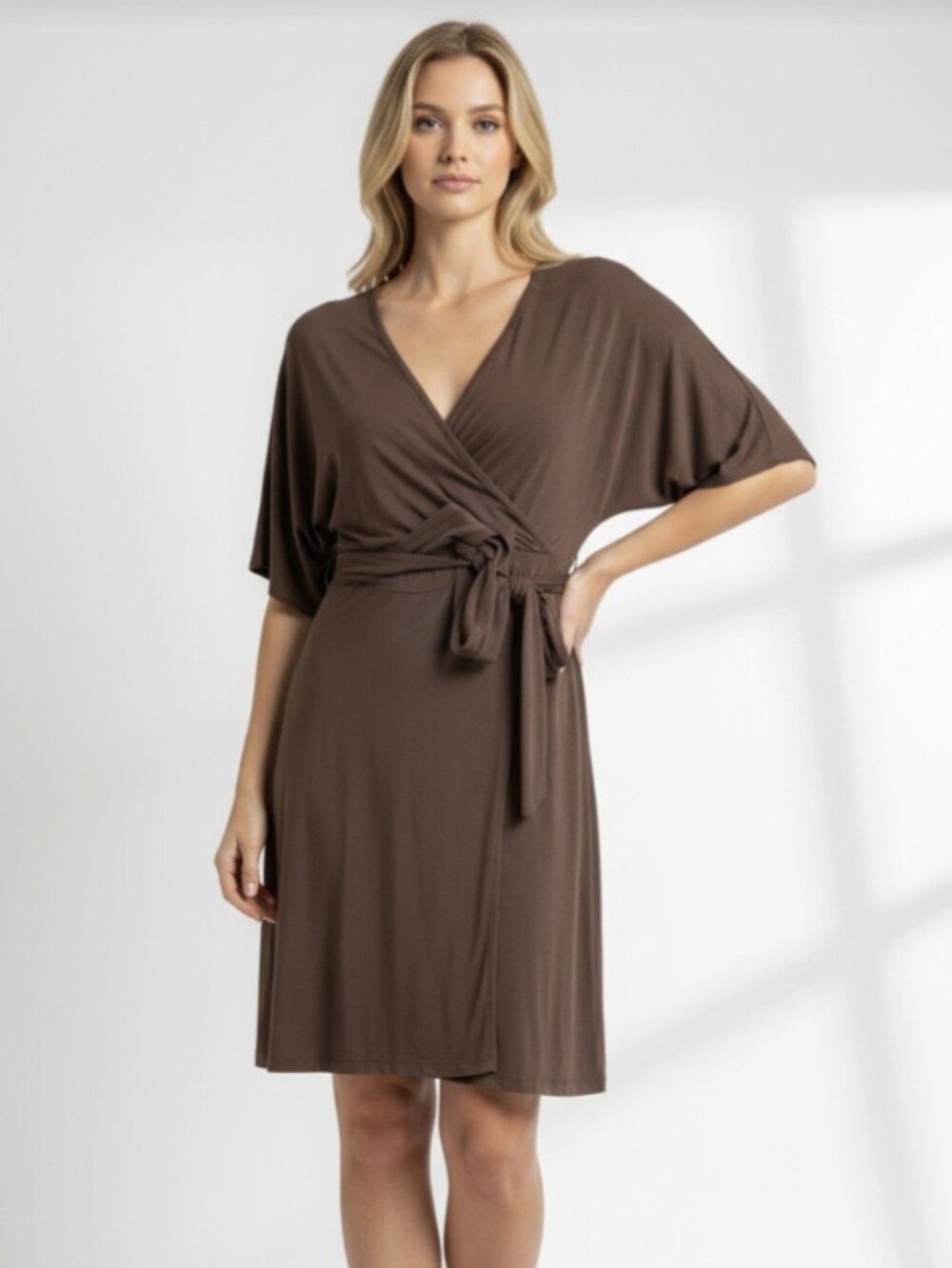 CHADWICKS! ESPRESSO BROWN KNIT JERSEY WRAPPED BELT, HALF SLV MIDI DRESS! SZ 14